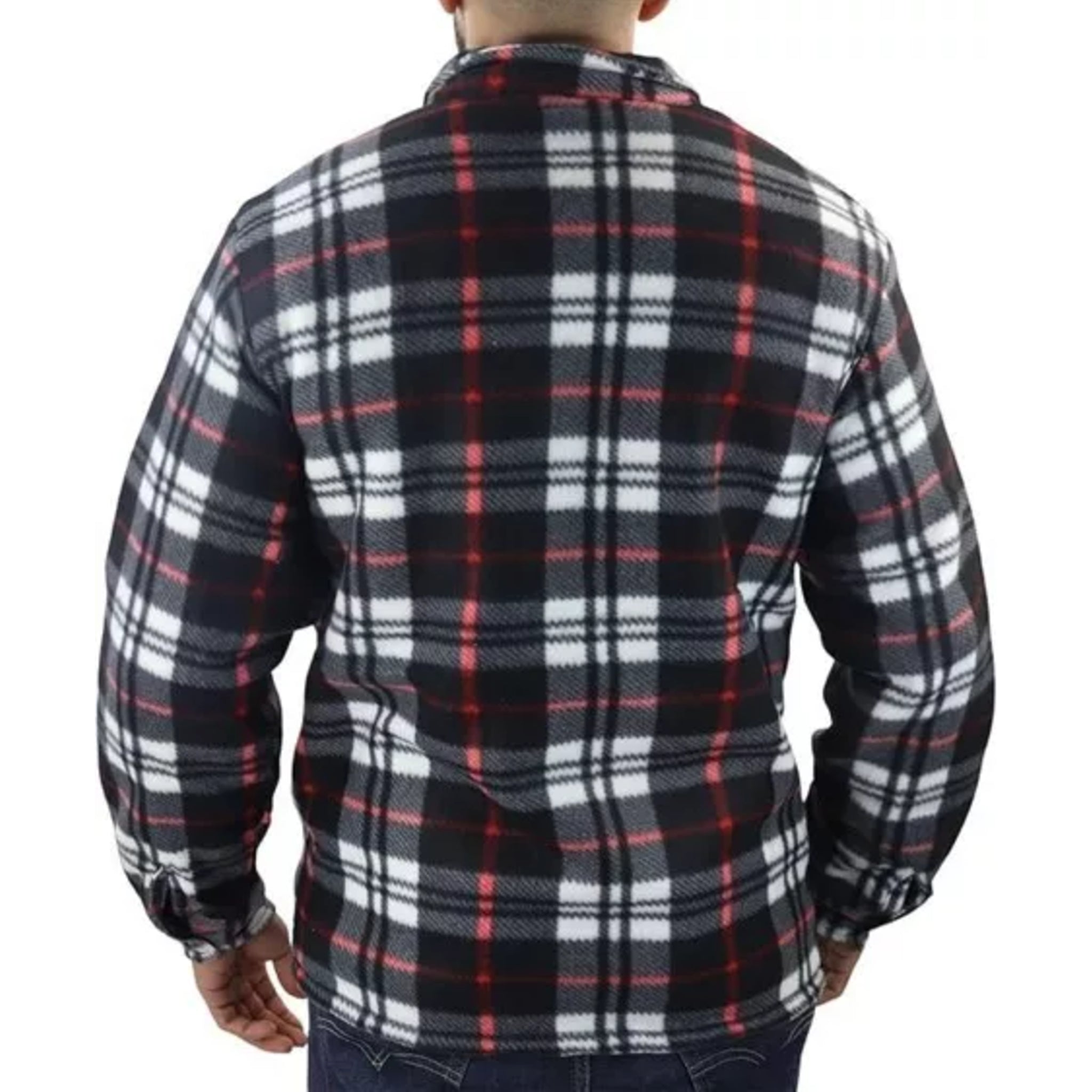 Men's zipped check fleece shirt in red, black and white plaid pattern, warm long sleeve overshirt with chest pockets